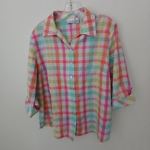 Pastels Mix Textured Plaid Cotton Blend Button Down 3/4 Sleeve Blouse Sz 14P - Picture 1 of 7